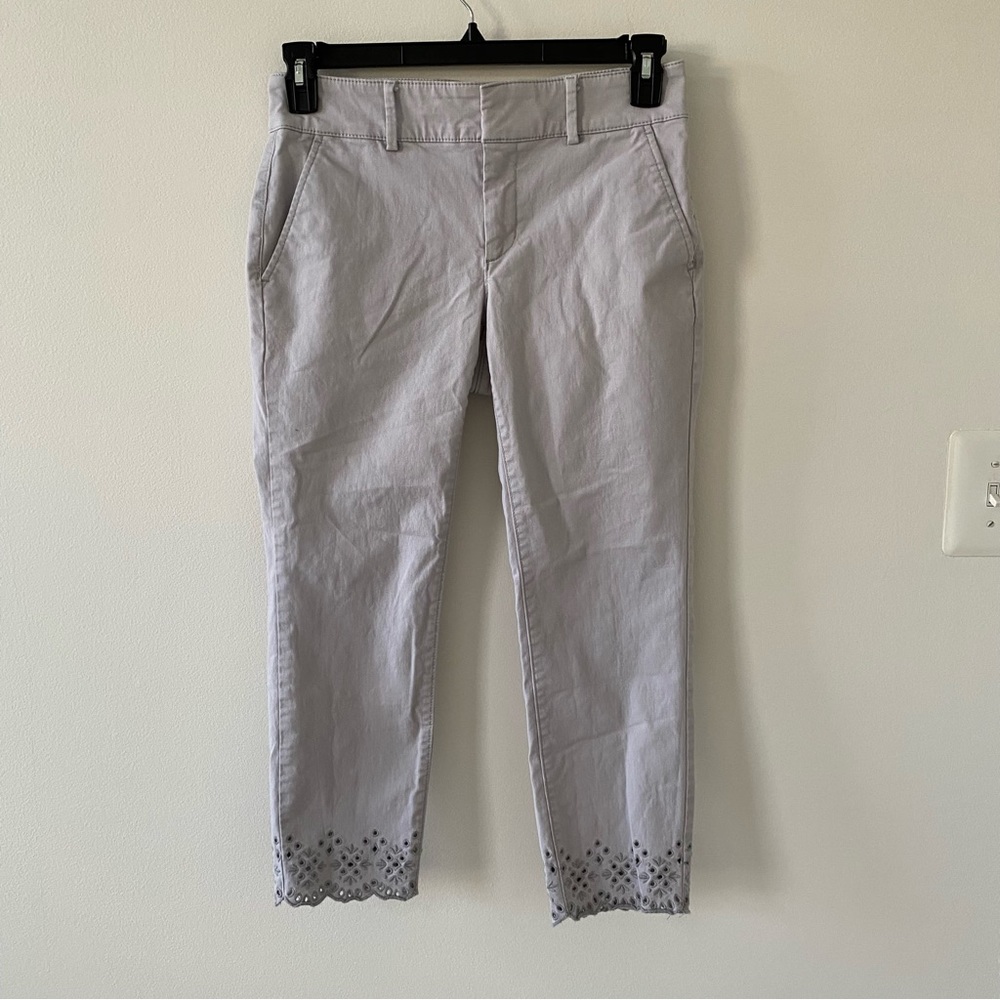 LOFT Women’s Cropped Pants Grey/Blue with Laser Cut Embroidered Detail